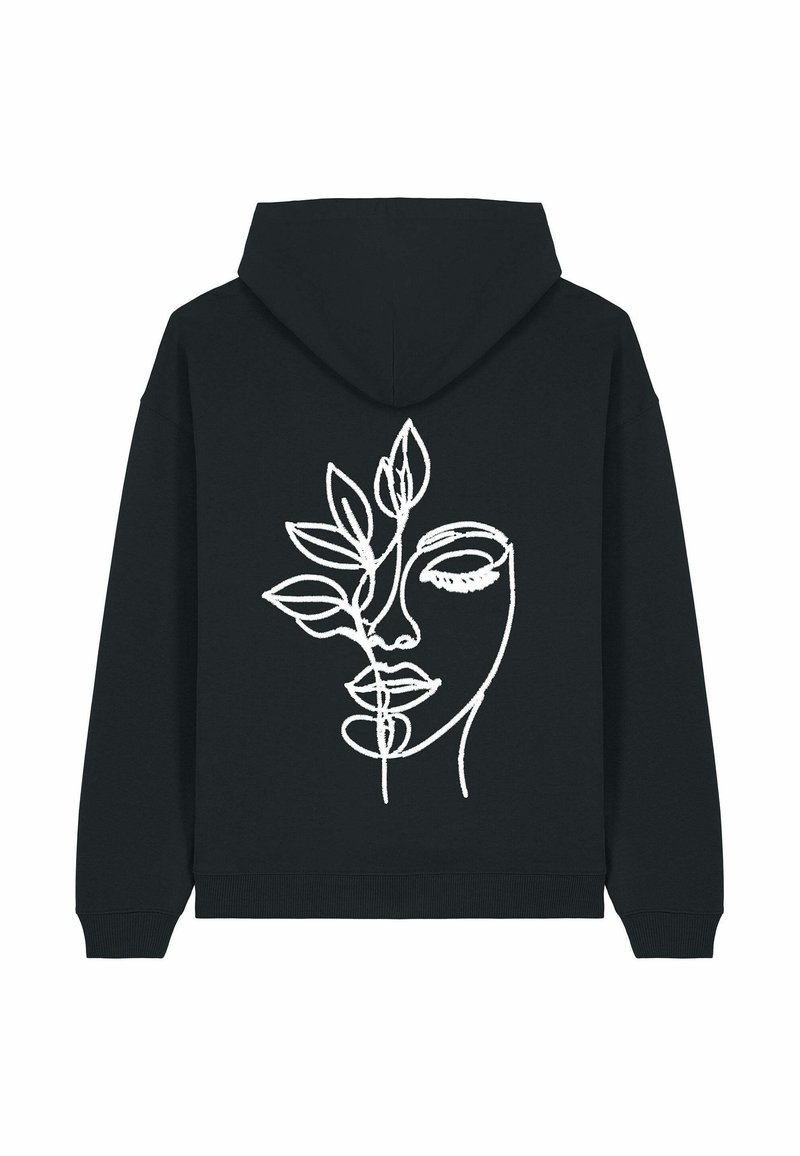 Il felpa nera presenta un design di arte lineare bianco di un volto intrecciato con foglie, che mette in risalto uno stile minimalista e una texture liscia.