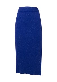 Strick-Midi-Rock in lebhaftem Blau mit strukturierter Oberfläche. Verfügt über einen gerippten Taillenbund und Saum, der eine figurnahe Silhouette bietet.