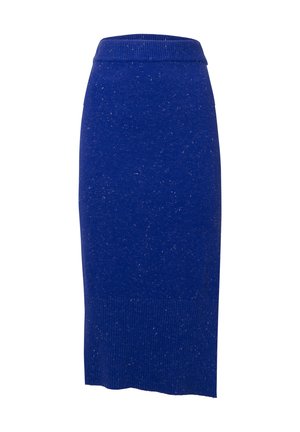 Gonna midi in maglia di un blu vivace con superficie testurizzata. Caratterizzata da una vita e un orlo a coste, offre una silhouette aderente.
