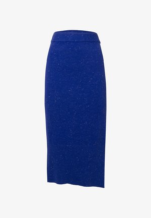 Falda midi de punto en un azul vibrante con una superficie texturizada. Presenta una cinturilla y un dobladillo acanalados, que ofrecen una silueta ajustada.