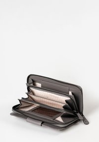 Gray leather wallet with a zip closure, featuring multiple card slots, a transparent ID window, and a patterned interior lining.