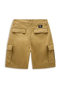 Beige cargoshorts met klittenbandflapzakken, versterkte stiksels en een merketiket aan de achterkant. Gemaakt van een duurzame, lichte stof.