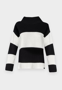 Maglione a righe bianche e nere con collo alto, texture a coste, ampie righe orizzontali e maniche lunghe, caratterizzato da un taglio rilassato.