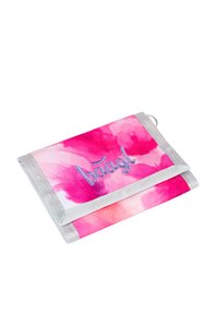 Portafoglio in tessuto piegato con motivo acquerellato rosa e bianco, con bordo grigio e testo ricamato "baagl!" sulla parte anteriore.