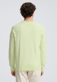 Lichtgroene gebreide trui met lange mouwen, een ronde hals en geribde boorden. Soepele textuur en een ontspannen pasvorm. Geen zichtbare logo's of patronen.