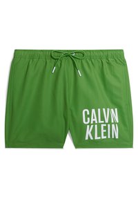 Grønne svømmebukser laget av lett materiale. Har en elastisk midje med snøring og en stor hvit "CALVIN KLEIN" logo på siden.