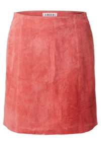 Minifalda de ante rosa con una textura suave, un diseño simple y una silueta recta. Presenta una cinturilla y sin herrajes visibles.