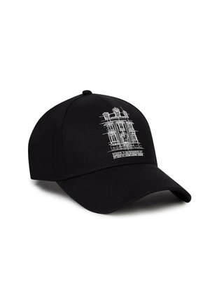 Black baseball cap with white line drawing of a multi-story building and text "KARL LAGERFELD" on front panel.