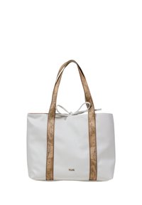 Borsa a spalla bianca con manici beige a fantasia, con fiocco annodato e logo impresso sul davanti. Texture liscia, forma strutturata.
