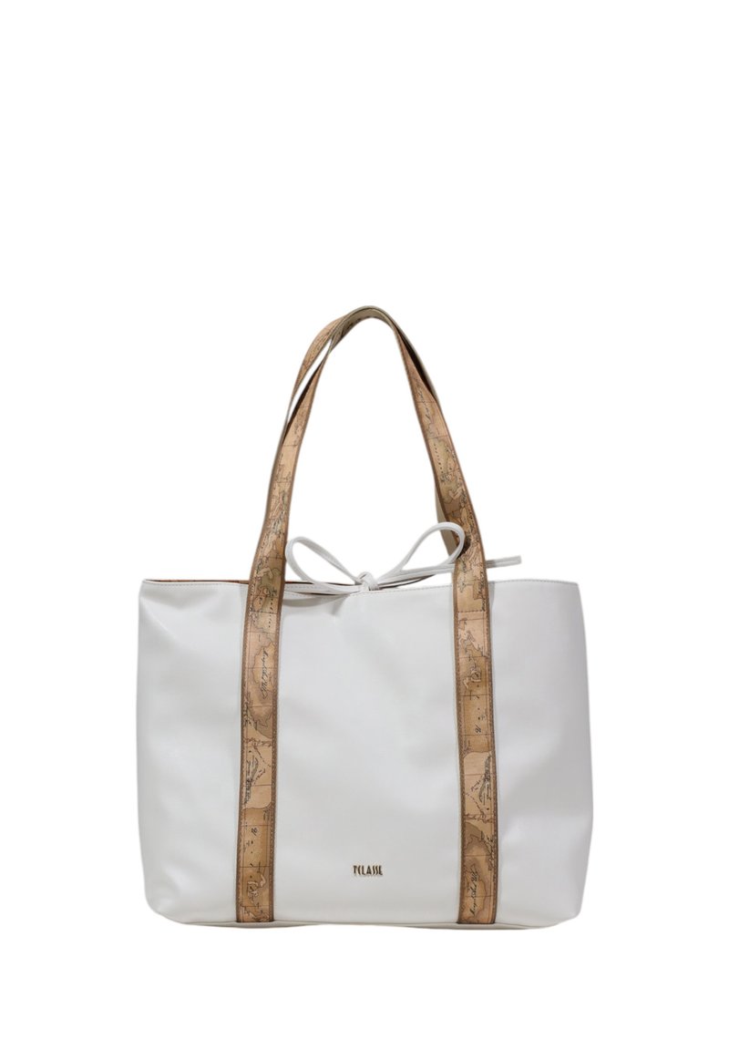 Borsa a spalla bianca con manici beige a fantasia, con fiocco annodato e logo impresso sul davanti. Texture liscia, forma strutturata.