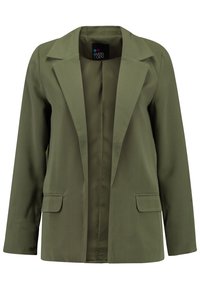 Blazer verde oliva con rever affilati, maniche lunghe e due tasche frontali. Texture liscia e design strutturato, con un frontale non chiuso.