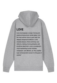 Un sweat à capuche gris avec un grand texte noir "LOVE" au dos, suivi d'une définition détaillée en police noire, mettant en avant la texture et le design du tissu.