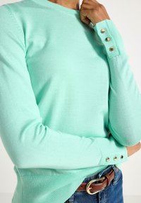 Mintgrøn strikket sweater med rund hals, prydet med tre dekorative knapper på hver ærme og ribbede manchetter.