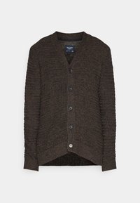 Cardigan marrone a maglia con scollo a V, chiusura centrale con bottoni e texture a costine su maniche e lati. Presenta sei bottoni neri.