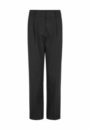 Schwarze Hose aus gewebtem Stoff mit geradem Bein, vorderen Falten und Gürtelschlaufen für zusätzliche Details.