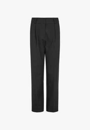 Melni bikses, kas izgatavotas no auduma, ar taisna piegriezuma dizainu, priekšējiem krokām un jostu cilpām, lai pievienotu papildus detaļas.