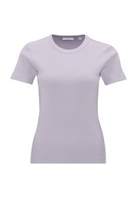 Lilac ribbed short-sleeve t-shirt made from stretchy fabric, featuring a round neck and fitted design. No patterns or embellishments.