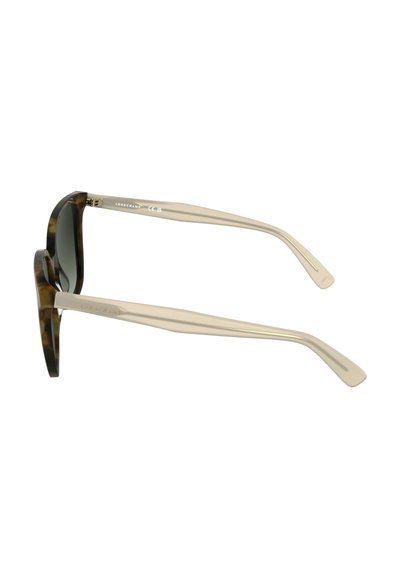 Lunettes de soleil écaille de tortue avec des verres à dégradé noir, dotées de branches fines en métal argenté et de détails de marque sur les branches.