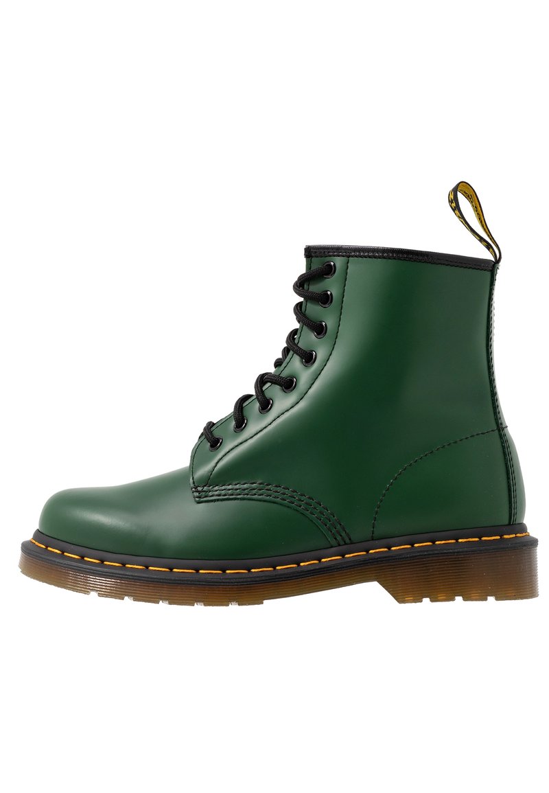 Green lace-up ankle boot made of smooth synthetic material with black accents, yellow stitching, and a pull tab at the heel.