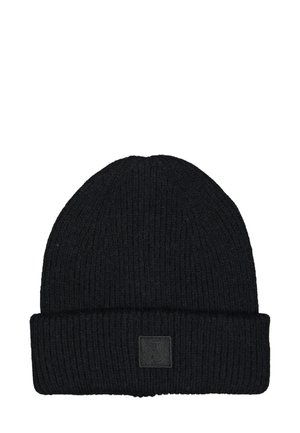 Zwarte gebreide beanie met een geribbelde textuur, uitgerust met een omgeslagen rand en een klein vierkant logo-opdruk aan de voorkant.