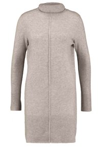 Robe pull longue beige en tricot avec col montant côtelé, manches longues, poignets côtelés et ourlet côtelé. Tissu doux texturé avec une couture centrale.