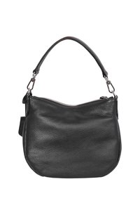 Black leather handbag with a textured finish, curved shape, and a single padded shoulder strap. Features a top zip closure and silver hardware.