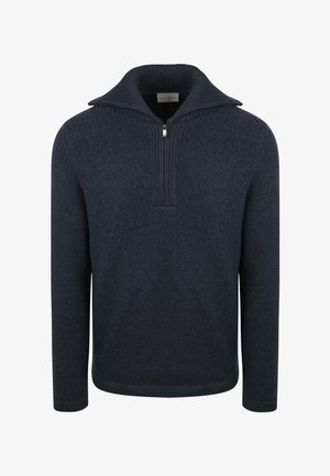 Marineblauwe, gebreide trui met lange mouwen, half-ritssluiting aan de geribbelde kraag en ribbelstructuur, geschikt voor casual of semi-formele gelegenheden.