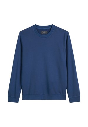 Navy cotton crewneck sweatshirt with long sleeves, ribbed cuffs, and hem, featuring a simple design without patterns or embellishments.