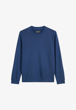 Navy cotton crewneck sweatshirt with long sleeves, ribbed cuffs, and hem, featuring a simple design without patterns or embellishments.