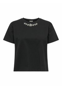 Zwarte katoenen T-shirt met ronde hals, versierd met een bloemdecoratie van zilverkleurige edelstenen langs de halslijn. Korte mouwen, relaxte pasvorm.