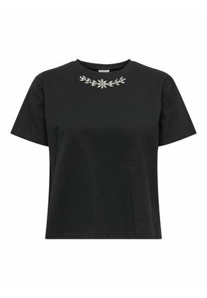 T-shirt en coton noir avec col rond, orné d'une décoration florale en bijoux argentés le long de l'encolure. Manches courtes, coupe décontractée.