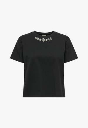 Black cotton T-shirt with a crew neck, featuring a floral embellishment of silver-tone jewels across the neckline. Short sleeves, relaxed fit.