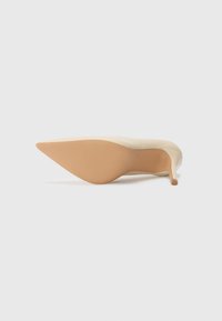 Scarpa con tacco alto beige, punta affilata e tacco a stiletto sottile. Superficie liscia e suola in gomma piatta.