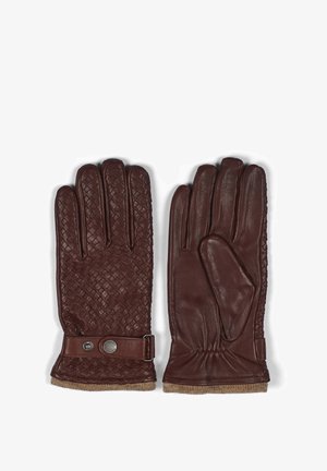 Bruine leren handschoenen met een geweven textuur aan de ene kant en een gladde afwerking aan de andere kant, verstelbare band met een metalen accent en een gebreide polsvoering.