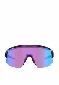 Gafas de sol deportivas con un marco negro, diseño curvado y grandes lentes en degradado púrpura-azul. Presentan brazos laterales ajustables para un ajuste seguro.