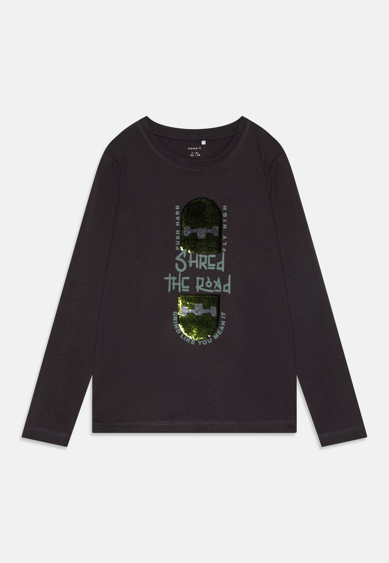 Black long-sleeve T-shirt with graphic print featuring skateboards and text. Made from soft fabric with a comfortable fit and round neckline.