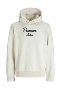Light beige hoodie made of soft fabric, featuring a drawstring hood, ribbed cuffs, and embroidered "Premium Studios" in navy blue.