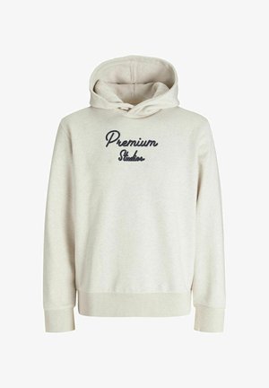 Helle beige Kapuzenjacke aus weichem Stoff, mit einer Kapuze mit Kordelzug, gerippten Bündchen und gesticktem "Premium Studios" in Marineblau.