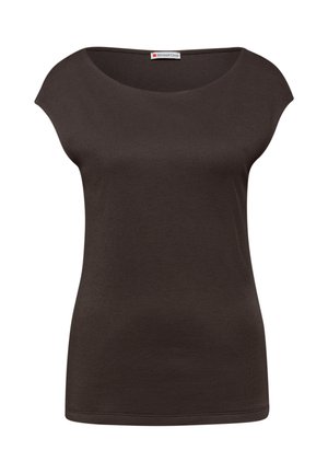 Haut à manches courtes pour femmes de couleur brun foncé, avec un col rond et une coupe ajustée, orné d'une petite étiquette Street One au niveau du col.