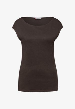 Haut à manches courtes pour femmes de couleur brun foncé, avec un col rond et une coupe ajustée, orné d'une petite étiquette Street One au niveau du col.