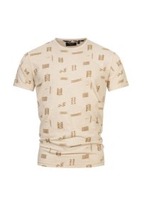Beige T-Shirt mit kurzen Ärmeln, der abstrakte braune Muster aufweist. Hergestellt aus weichem Stoff mit Rundhalsausschnitt und legerer Passform.