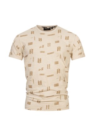 T-shirt beige à manches courtes avec des motifs abstraits marron. Fabriqué en tissu doux, avec un col rond et une coupe décontractée.