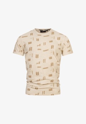 T-shirt beige à manches courtes avec des motifs abstraits marron. Fabriqué en tissu doux, avec un col rond et une coupe décontractée.