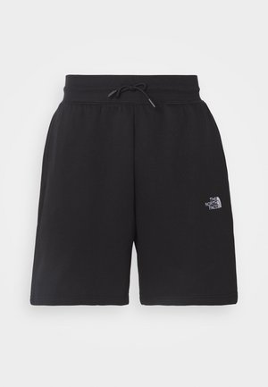 Pantalones cortos deportivos negros hechos de una mezcla de algodón, con una cintura elástica y cordón ajustable, y un pequeño logo impreso en el lado inferior.