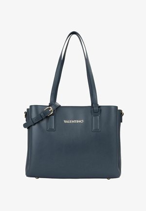 Borsa a mano in pelle blu navy con doppi manici superiori, tracolla regolabile, dettagli del logo in oro e forma rettangolare. Superficie liscia.