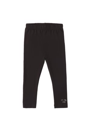 Leggings noirs en tissu doux et extensible. Dotés d'une taille élastique et d'un petit logo près de la cheville. Texture lisse, design ajusté.
