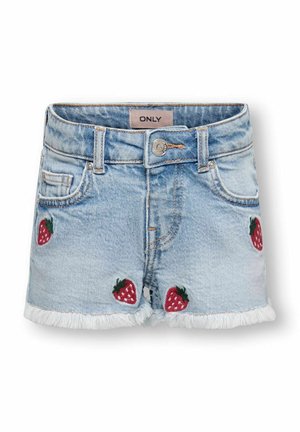 Lyseblå denimshorts med frynsete kanter og broderte røde jordbær på frontlommer og ben, knapp- og glidelåslukking.