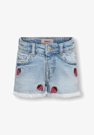 Hele sinised teksapüksid franjalõhedega, tikitud punaste maasikatega esi taskutel ja säärtel, nööbi- ja tõmblukuga.