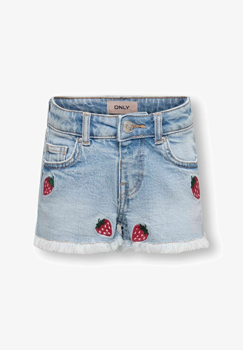 Világoskék farmer rövidnadrág rojtos szegéllyel és hímzett piros epermintával az elülső zsebeknél és a lábakon, gombos és cipzáras záródással.