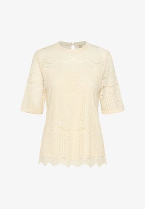 Romantisch kanten top met korte mouwen, een ronde halslijn en een gegolfde zoom, die ingewikkelde textuurpatronen toont.